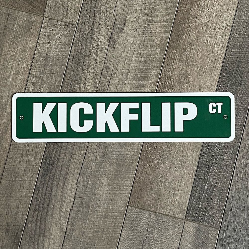 New! Bedroom Wall Decor, Green and White, “KICKFLIP ST” Sign. 18 in. x 4 in.